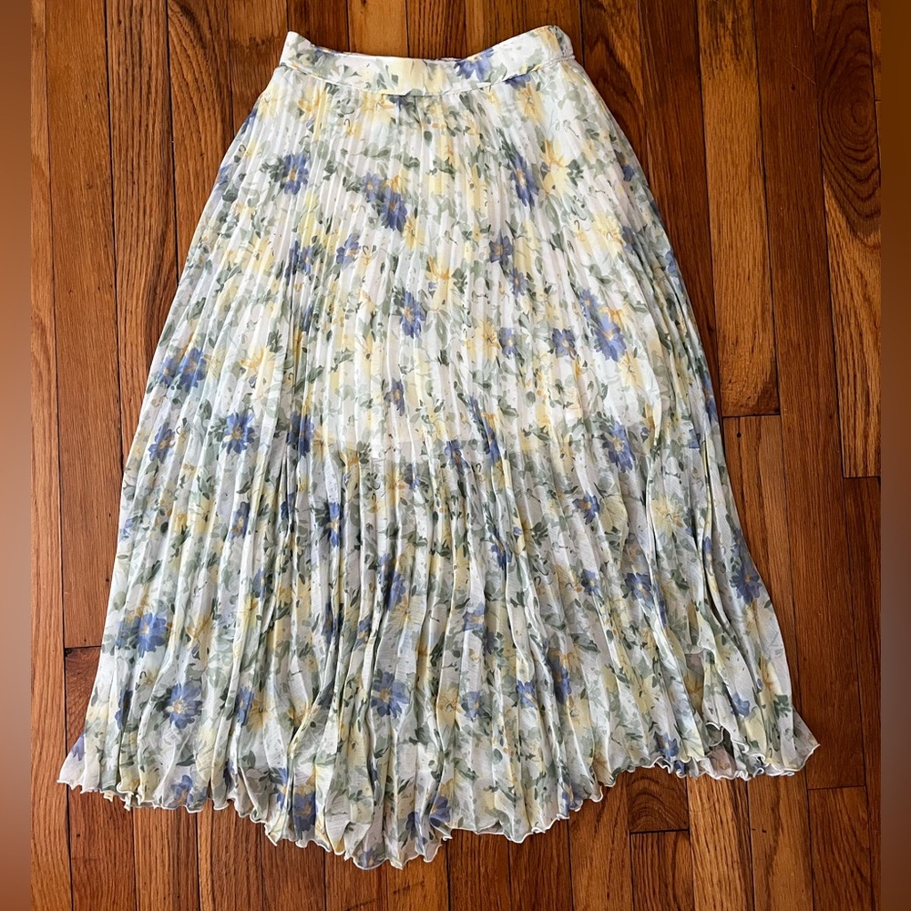 Abercrombie & Fitch Pleated Floral Midi Skirt in White, Blue & Yellow
